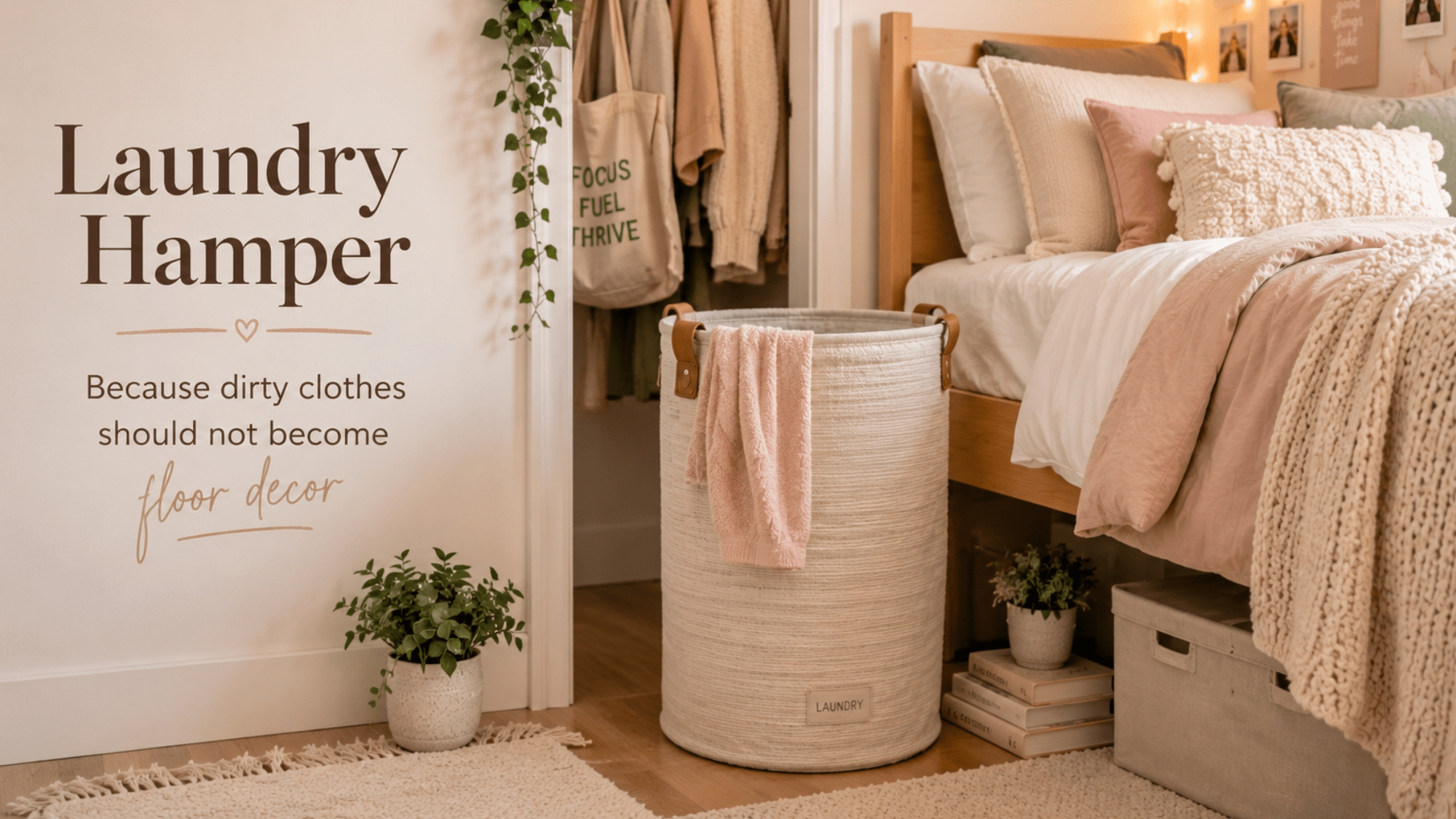 Stylish laundry hamper tucked beside a dorm bed in a clean and organized college dorm room.