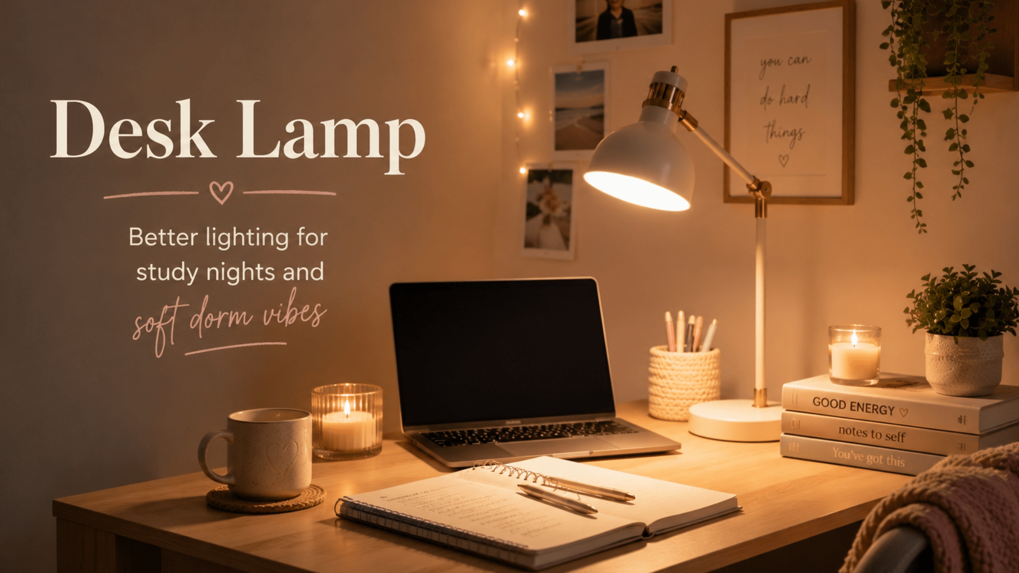 Cozy dorm desk with a glowing desk lamp, laptop, notebook, pens, and warm late-night study setup.