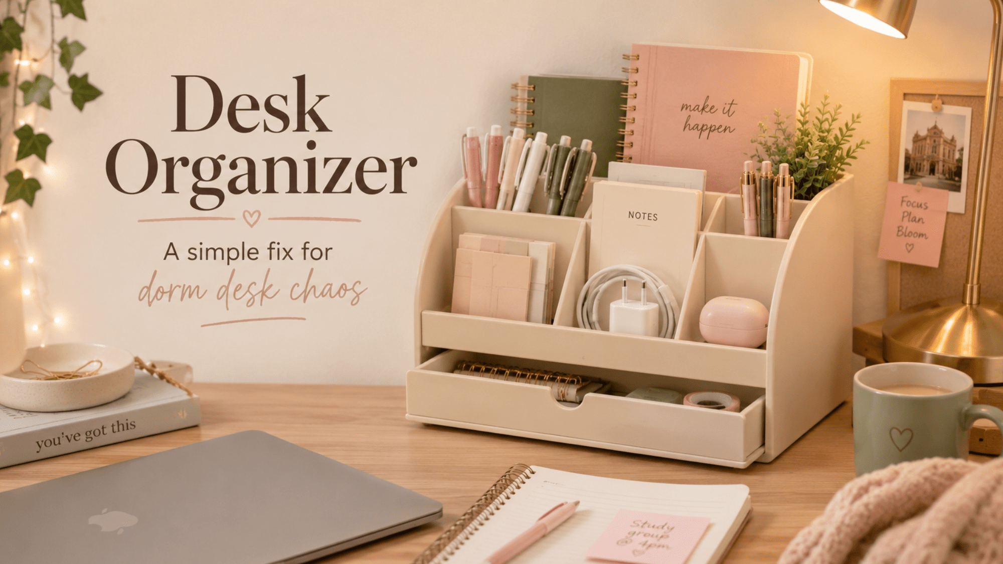 Dorm desk organizer holding pens, sticky notes, notebooks, chargers, and school supplies in a tidy study space.