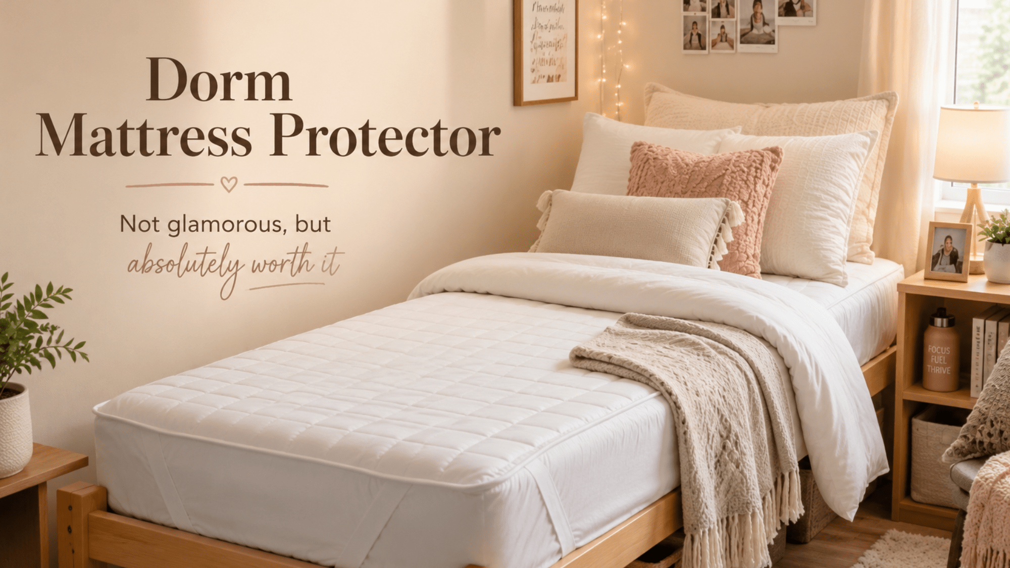 Fresh college dorm bed with crisp sheets and clean bedding styled over a dorm mattress protector in a cozy organized room.