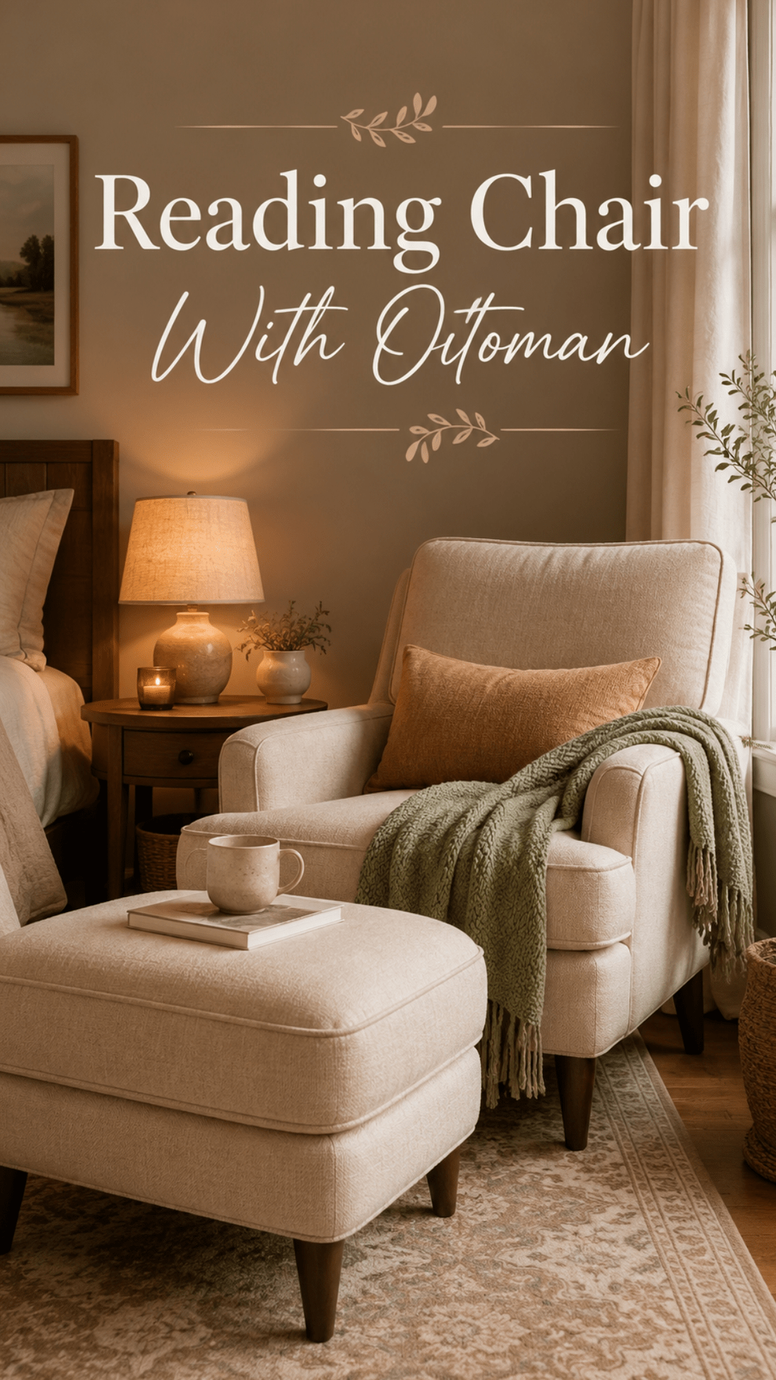 Cozy reading chair with ottoman styled beside a bedroom window with a sage throw blanket, warm lamp, candle, and coffee mug.