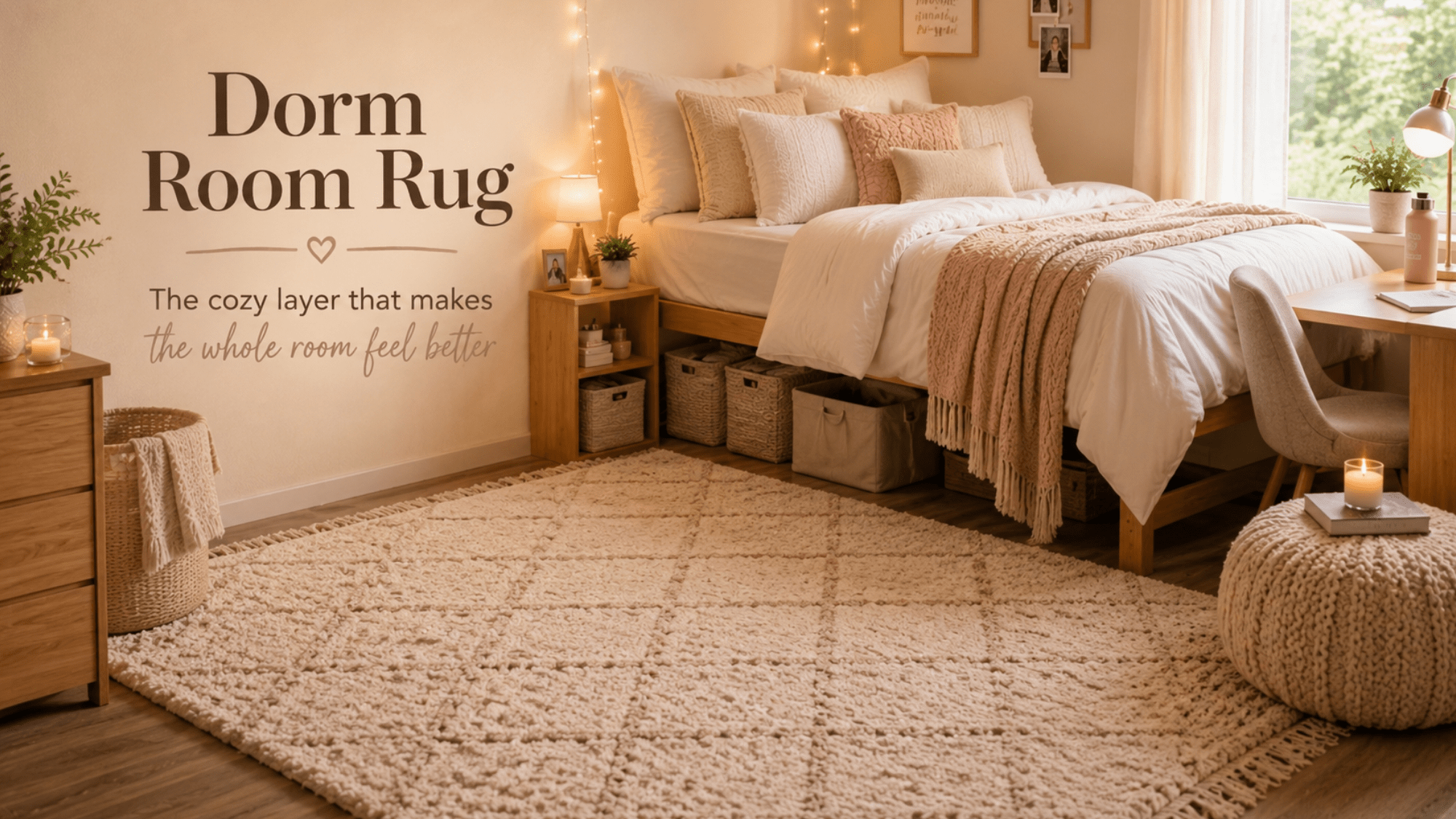Cozy dorm room with a soft area rug beside the bed, layered bedding, pouf, and warm college decor.