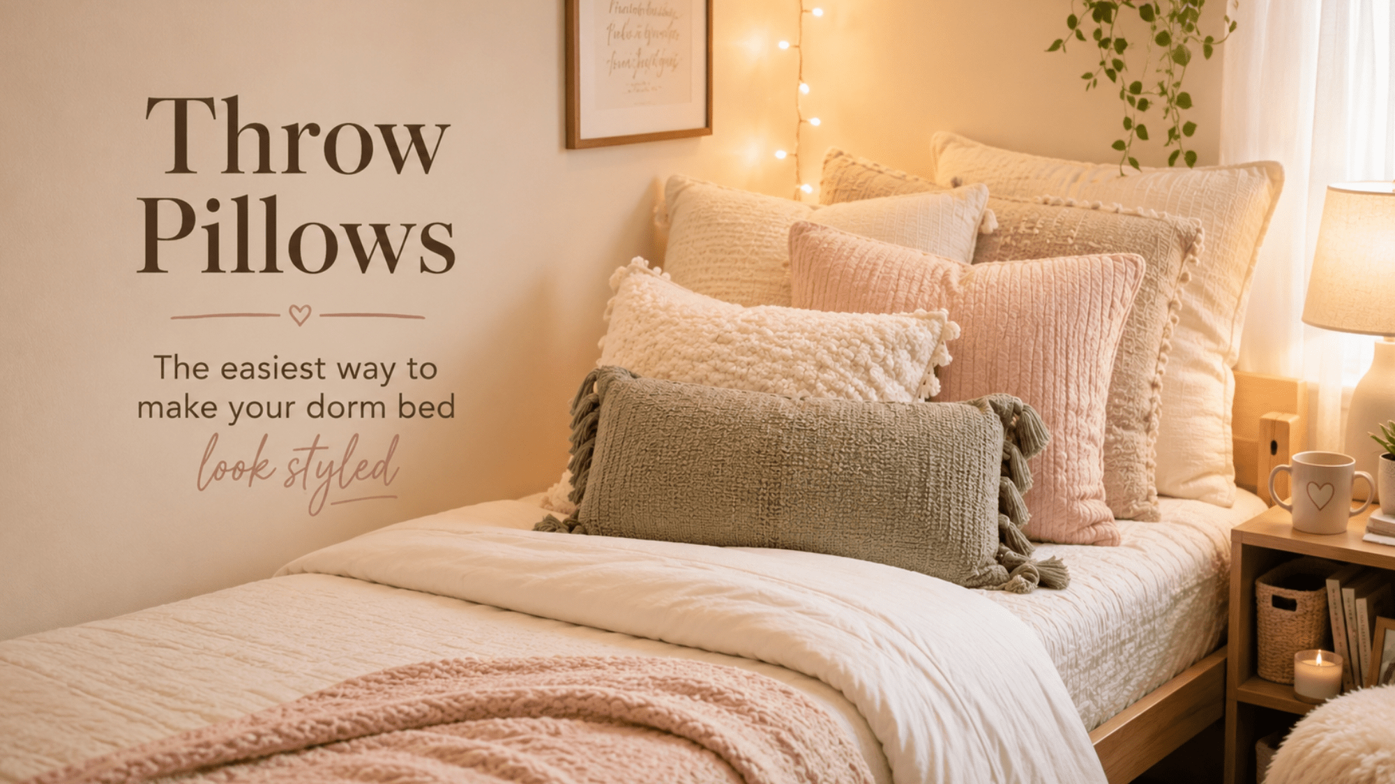 Dorm bed styled with throw pillows, soft bedding, string lights, and cute cozy college room decor.
