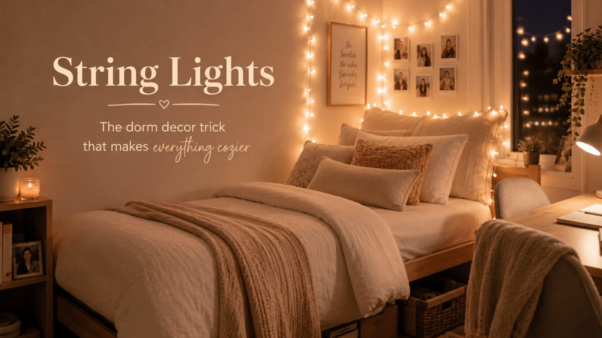 Dreamy dorm room with glowing string lights, cozy bedding, warm lighting, and soft college room decor.