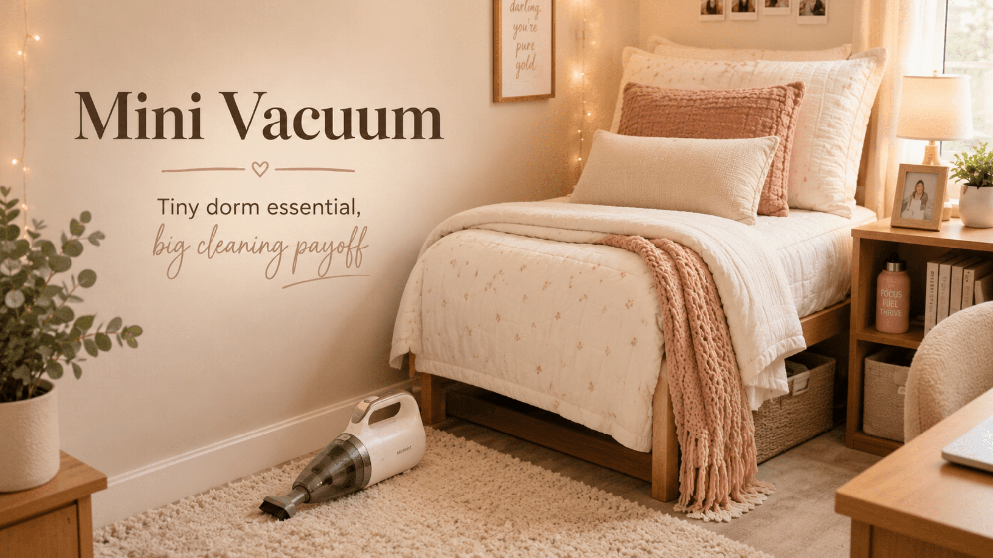 Clean dorm room with a mini vacuum near the rug and bed for easy college room cleaning.