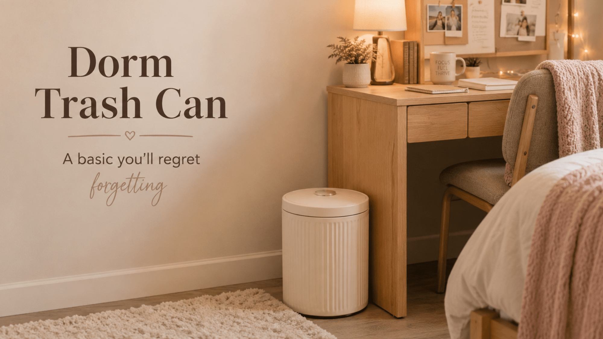 Small dorm trash can beside a desk or bed in a clean, cozy, and organized college dorm room.