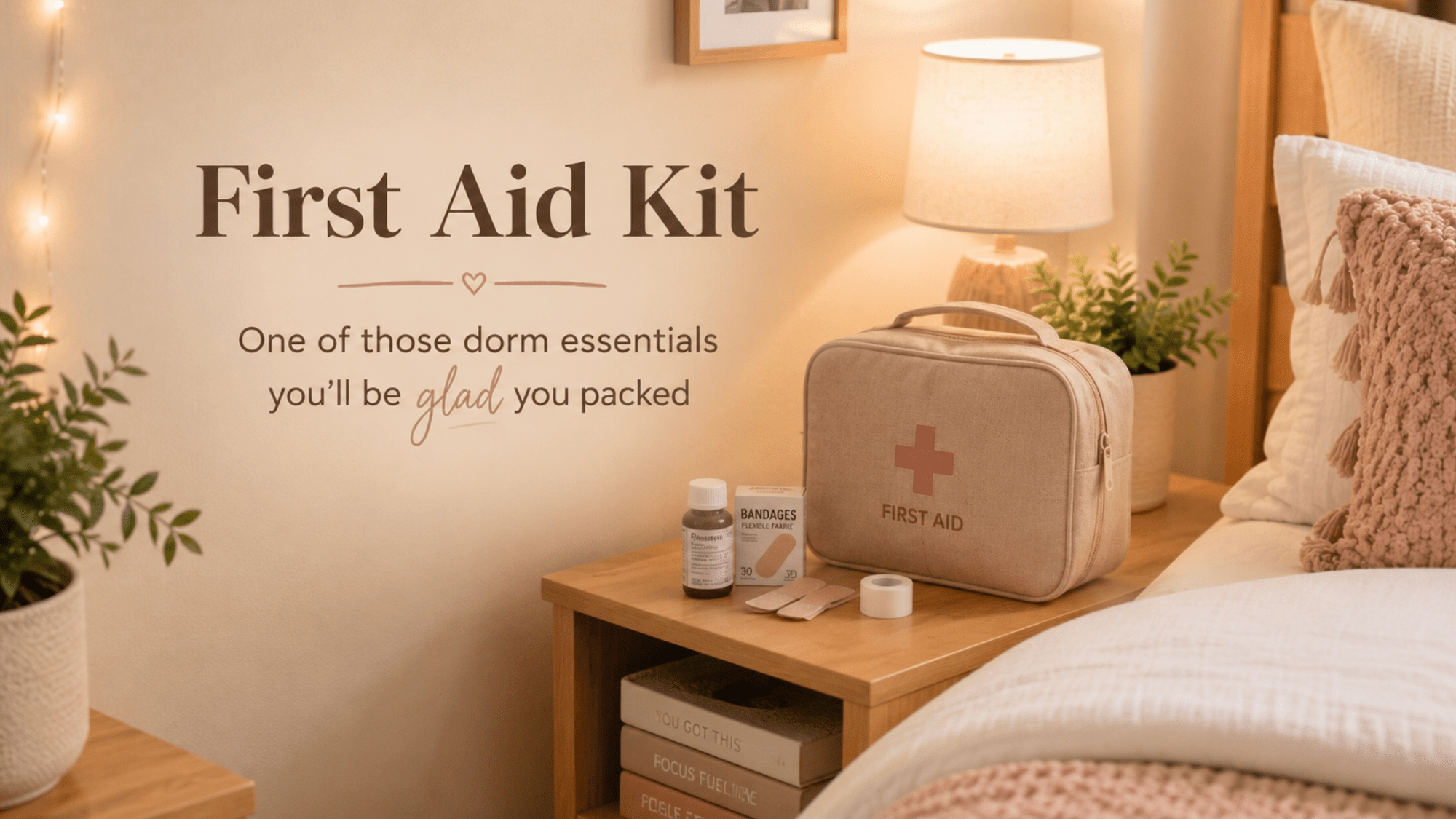 Dorm room shelf with a small first aid kit and health essentials styled in a cozy college setup.