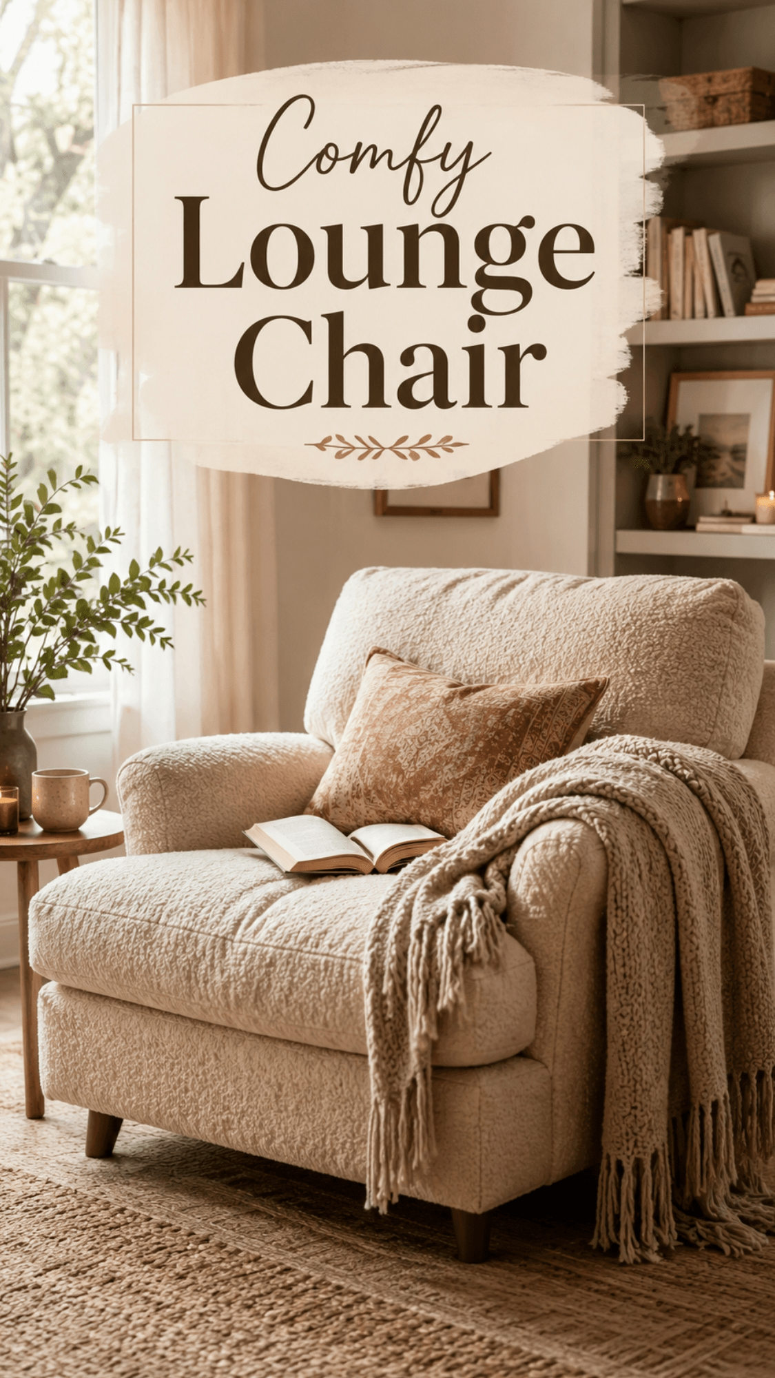 Comfy lounge chair in a cozy reading nook with a soft throw blanket, open book, side table, candle, and warm neutral decor.