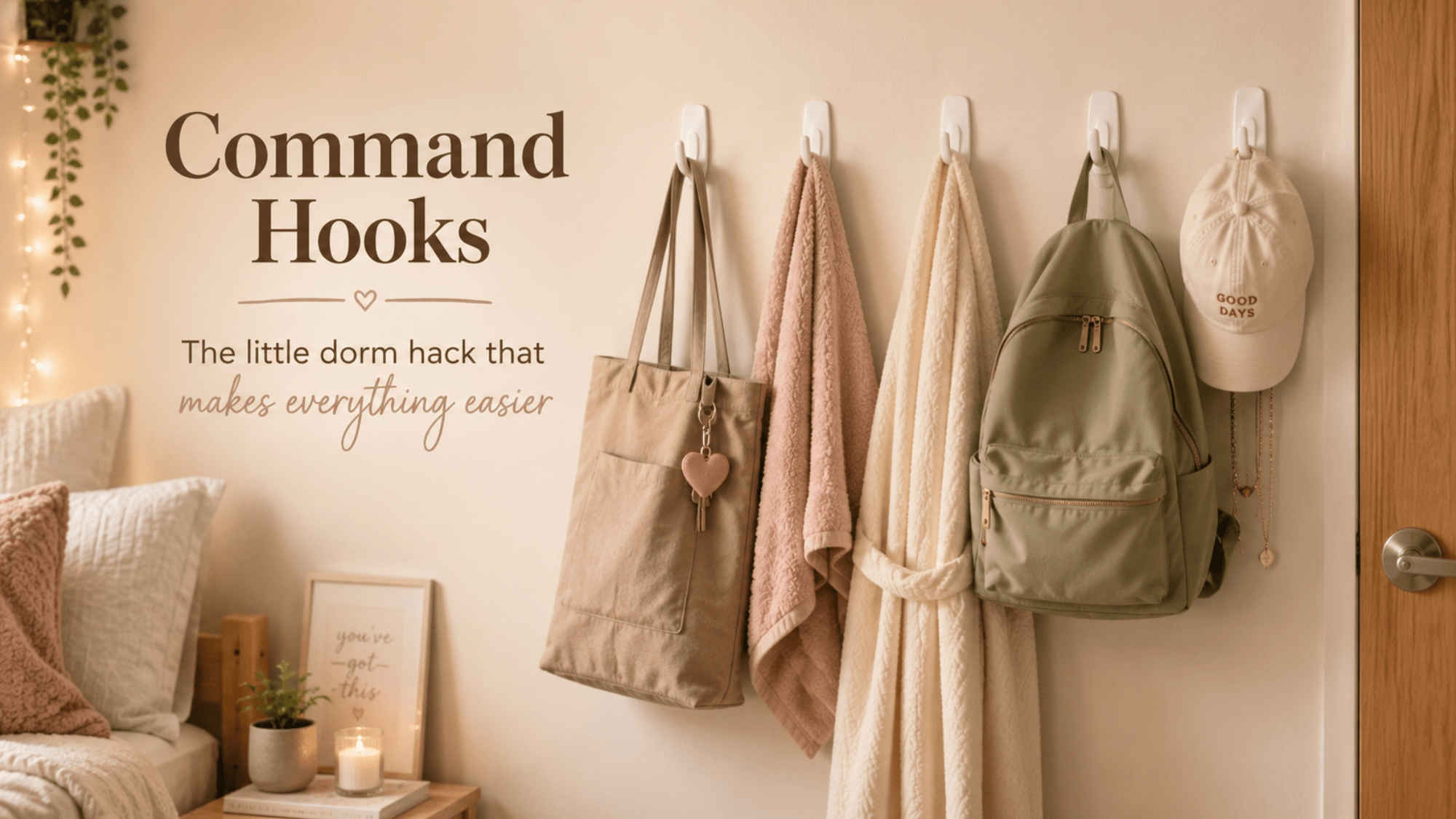 Dorm wall or door with command hooks holding bags, towels, robes, lights, and accessories for easy organization.