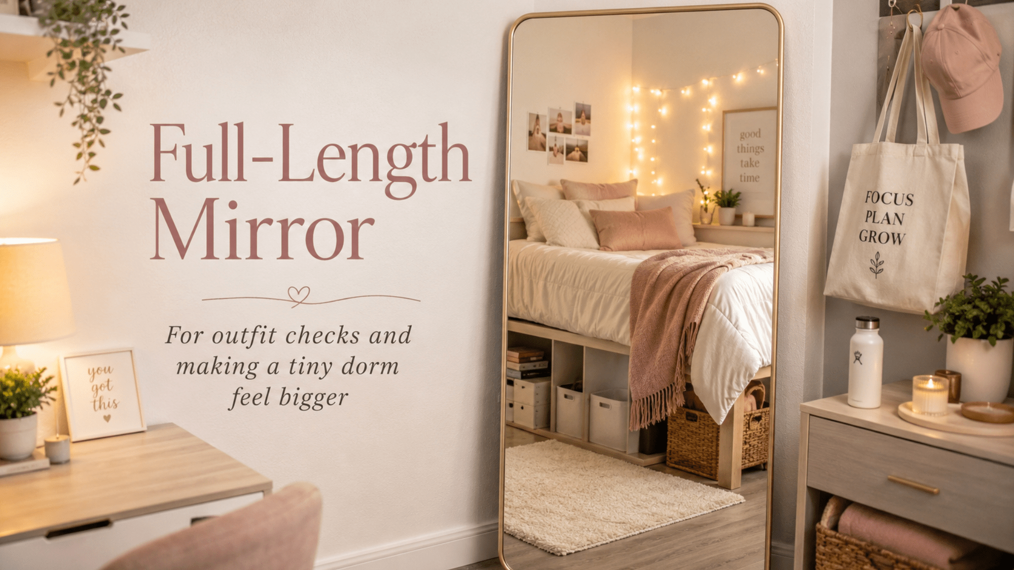 Small college dorm room with a full-length mirror reflecting cozy bedding, organized decor, and a bright functional setup.