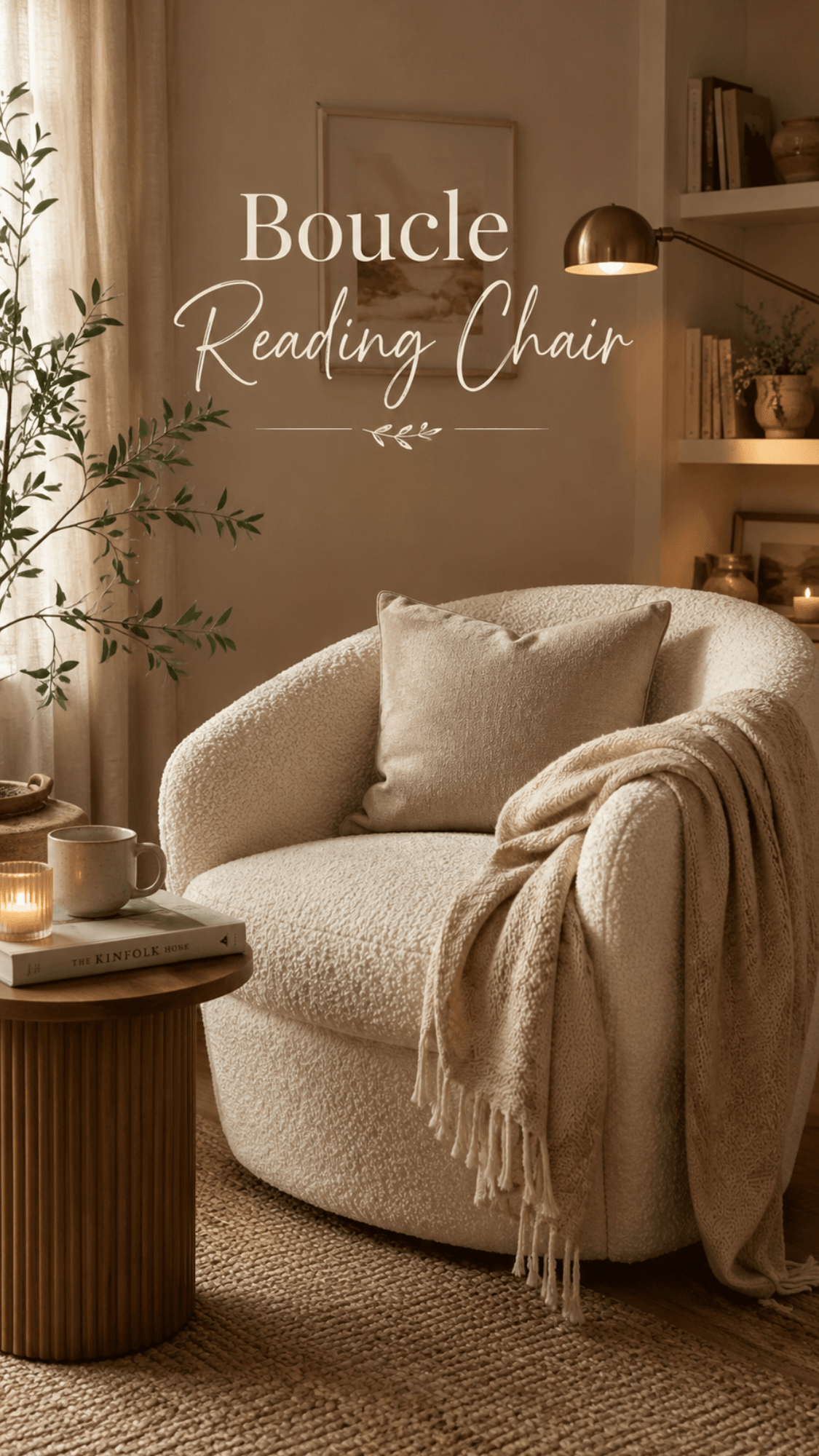 Boucle reading chair in a cozy corner with a textured throw blanket, round wood side table, books, candle, and soft warm lighting.