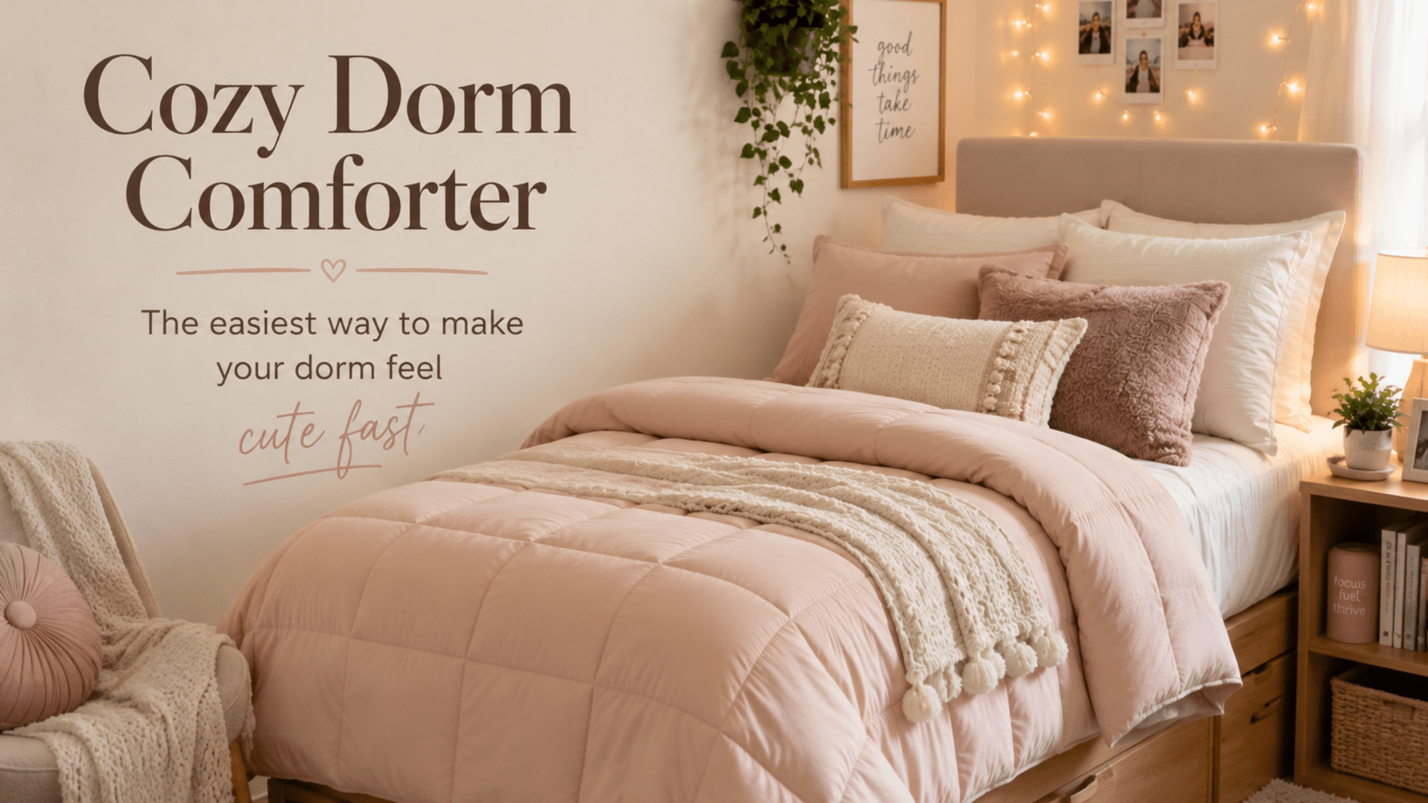 Cute college dorm bed with a cozy comforter, throw pillows, string lights, and warm dorm room decor.