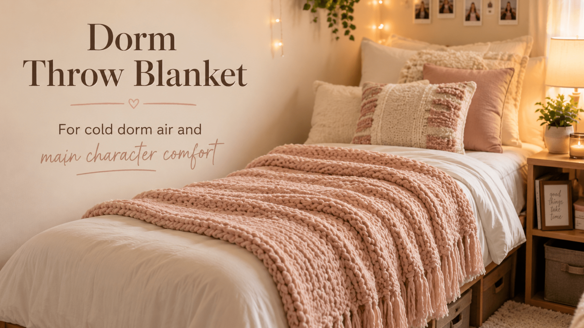 Dorm bed with a chunky throw blanket, soft pillows, warm lamp light, and cozy college room styling.