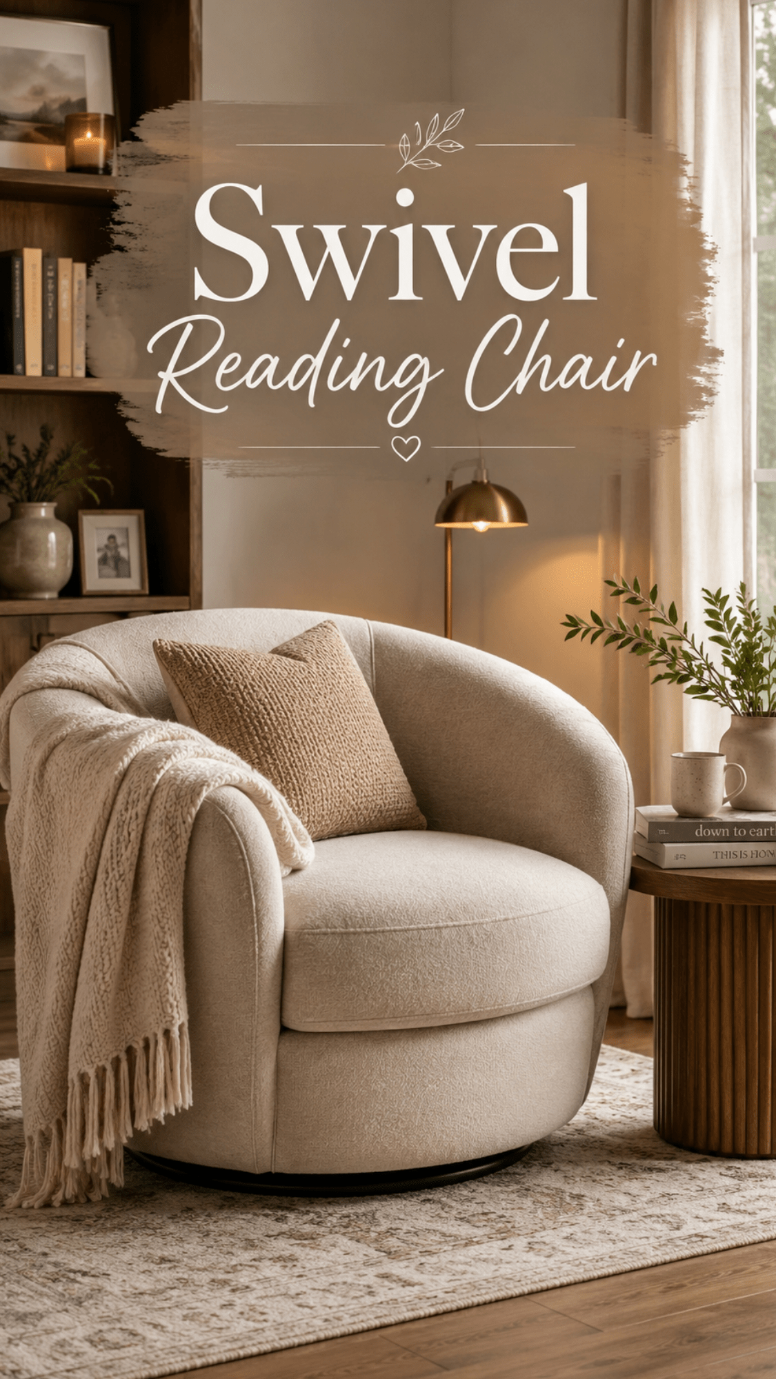 Swivel reading chair in a cozy living room corner with a pillow, knit throw, round wood side table, books, and warm neutral decor.