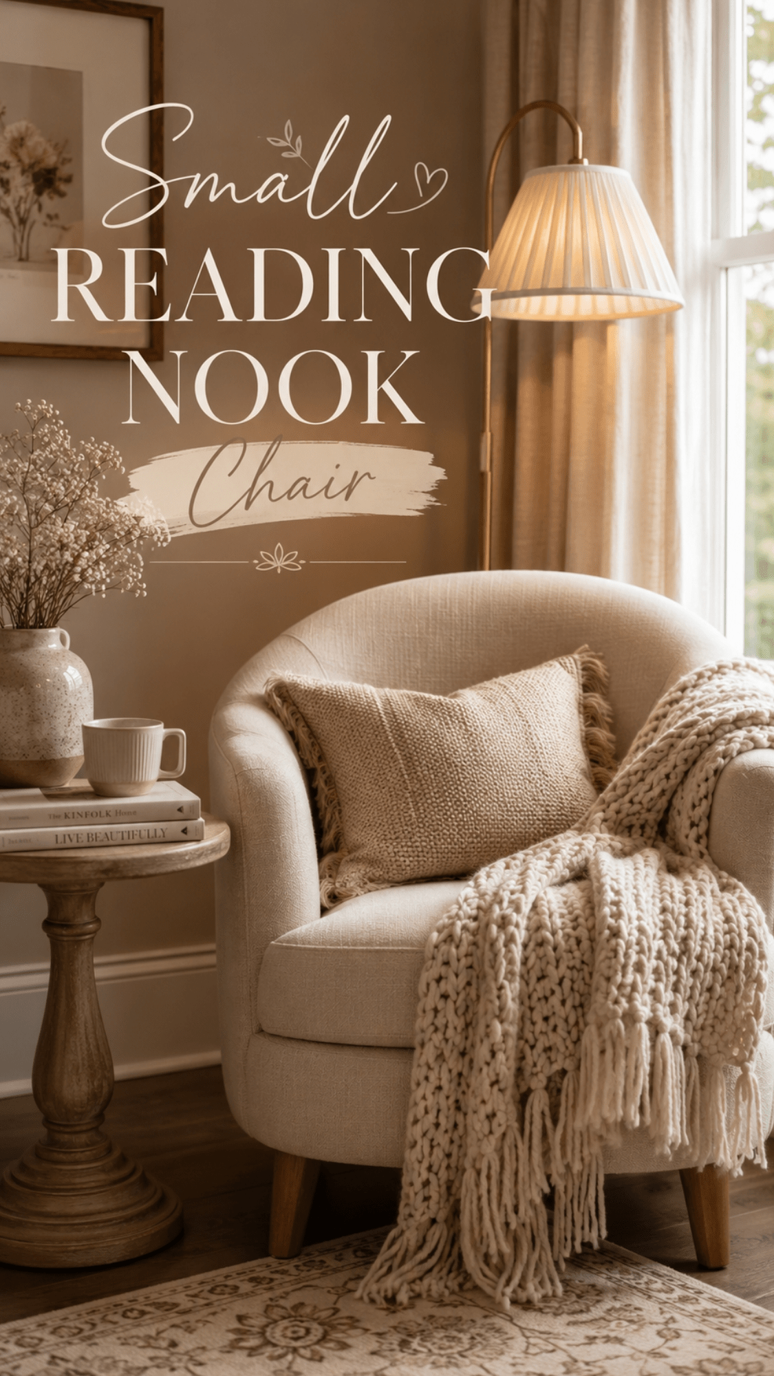 Small reading nook chair styled in a cozy corner with a chunky knit blanket, side table, flowers, books, and soft natural window light.