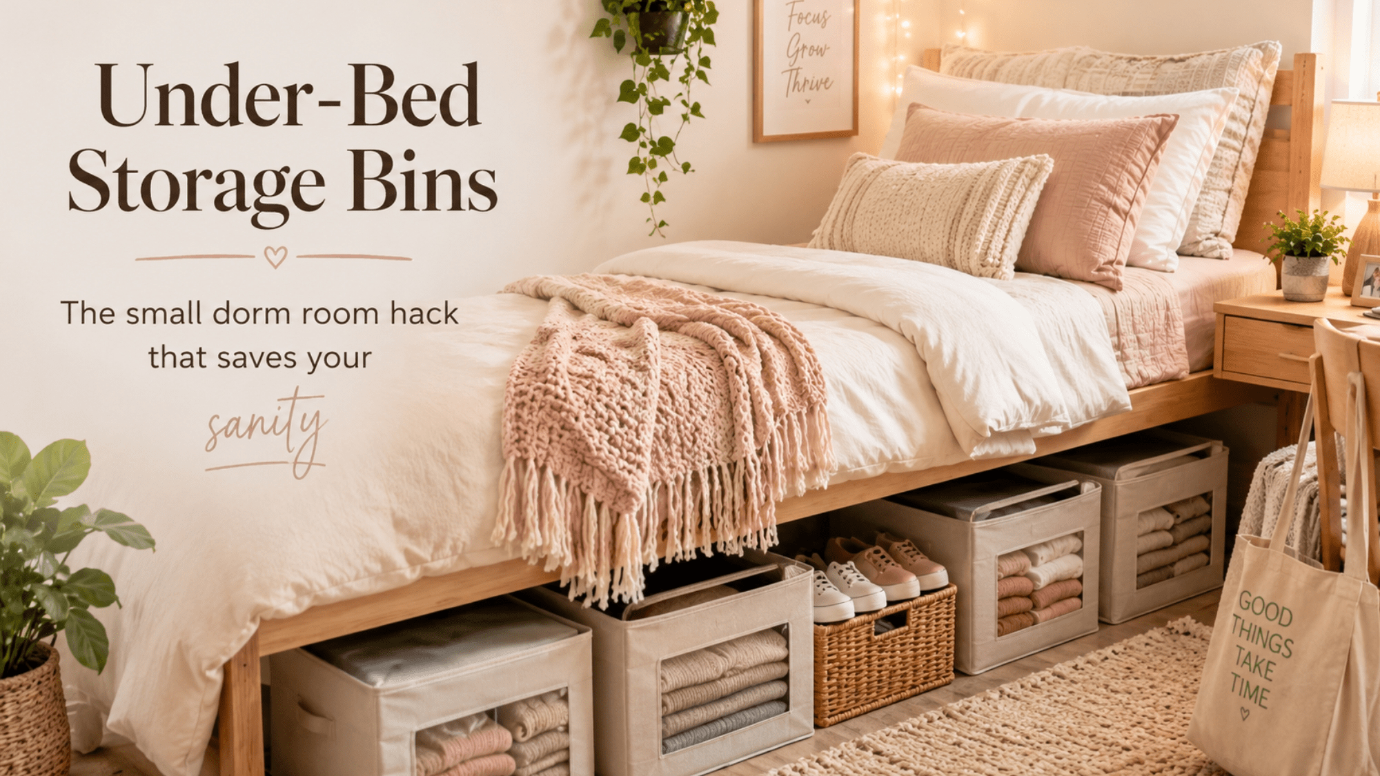 Organized dorm room with under-bed storage bins, baskets, folded clothes, and a cozy Twin XL bed.
