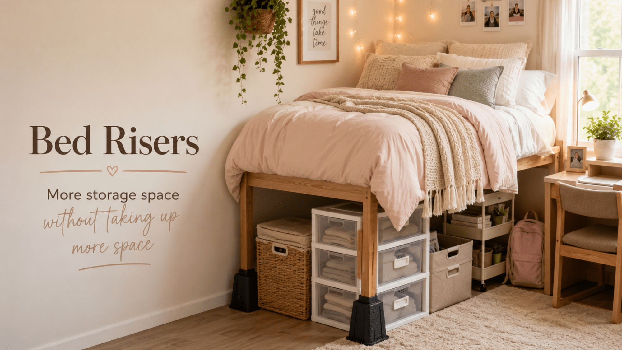Raised dorm bed with bed risers, storage bins underneath, cozy bedding, and smart small dorm room organization.