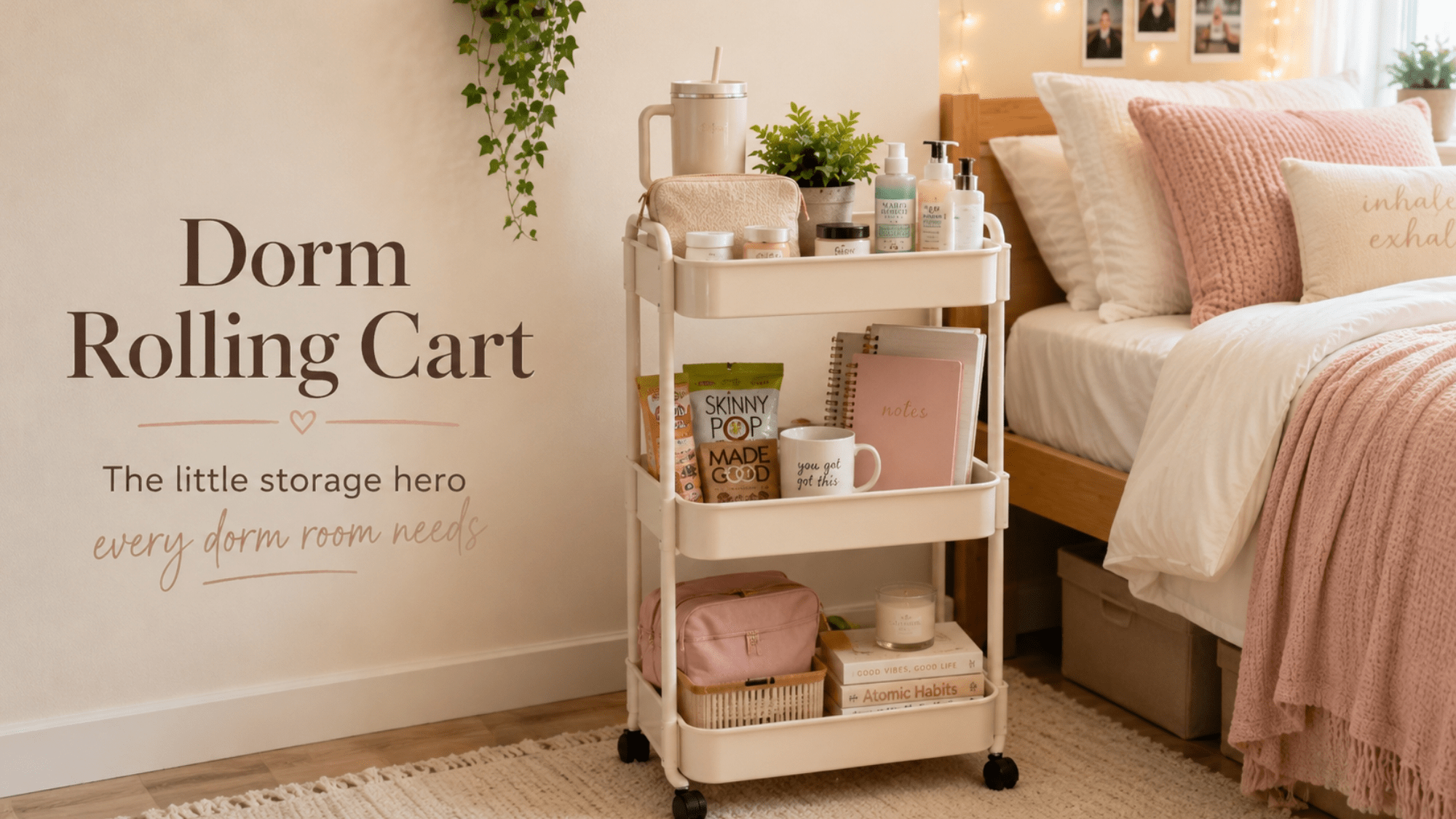 Cute dorm rolling cart beside a college bed filled with skincare, snacks, notebooks, and dorm room essentials.