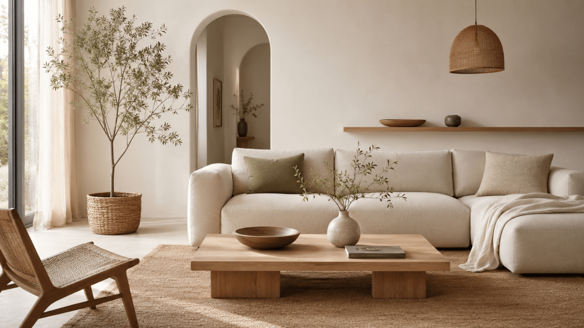 Calm earthy boho living room with minimalist styling, cream sofa, natural wood coffee table, woven pendant light, olive tree, simple shelf decor, and soft neutral tones.