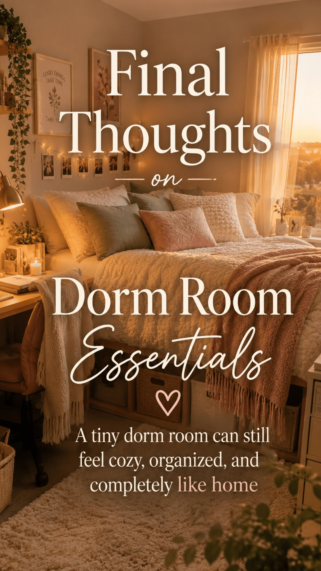 Warm cozy dorm room with layered bedding, pillows, under-bed storage, desk area, string lights, and soft decor that feels like home.