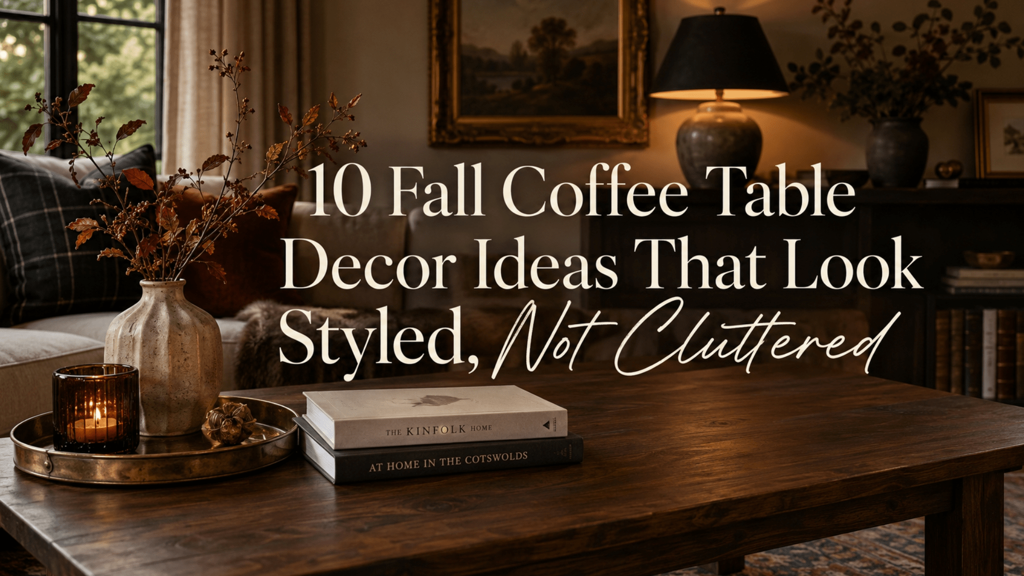 Fall coffee table decor featuring a wooden tray, creamy ceramic vase, burgundy branches, candle, stacked books, and aged brass accents in a cozy autumn living room.