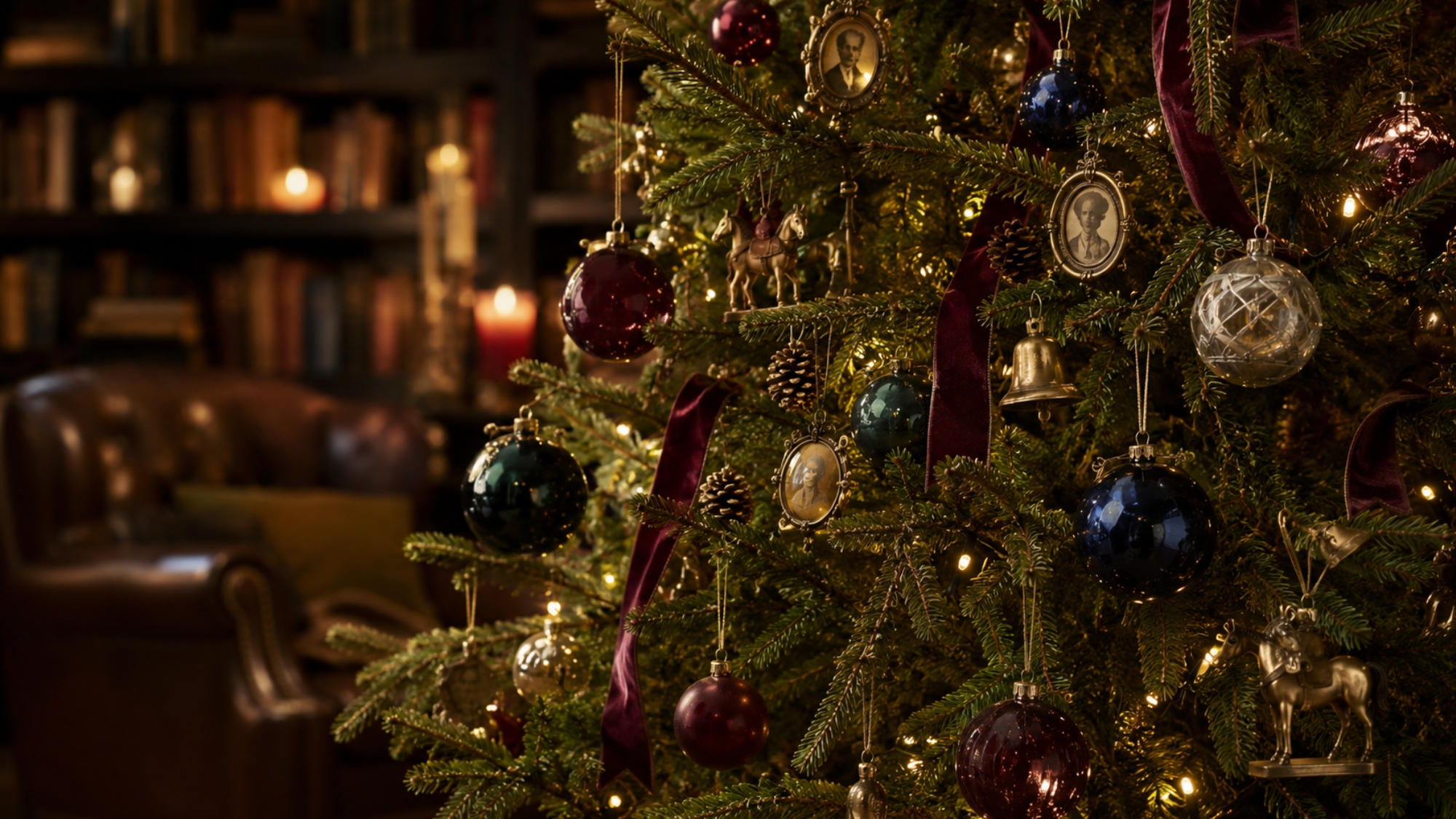 Collected Christmas tree decorated with burgundy ornaments, velvet ribbon, antique gold accents, pinecones, and warm white lights