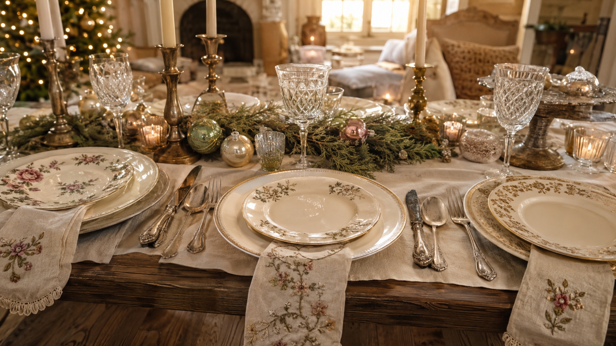 Collected vintage Christmas table with mismatched dishes, etched glasses, embroidered napkins, silver flatware, and heirloom-style decor