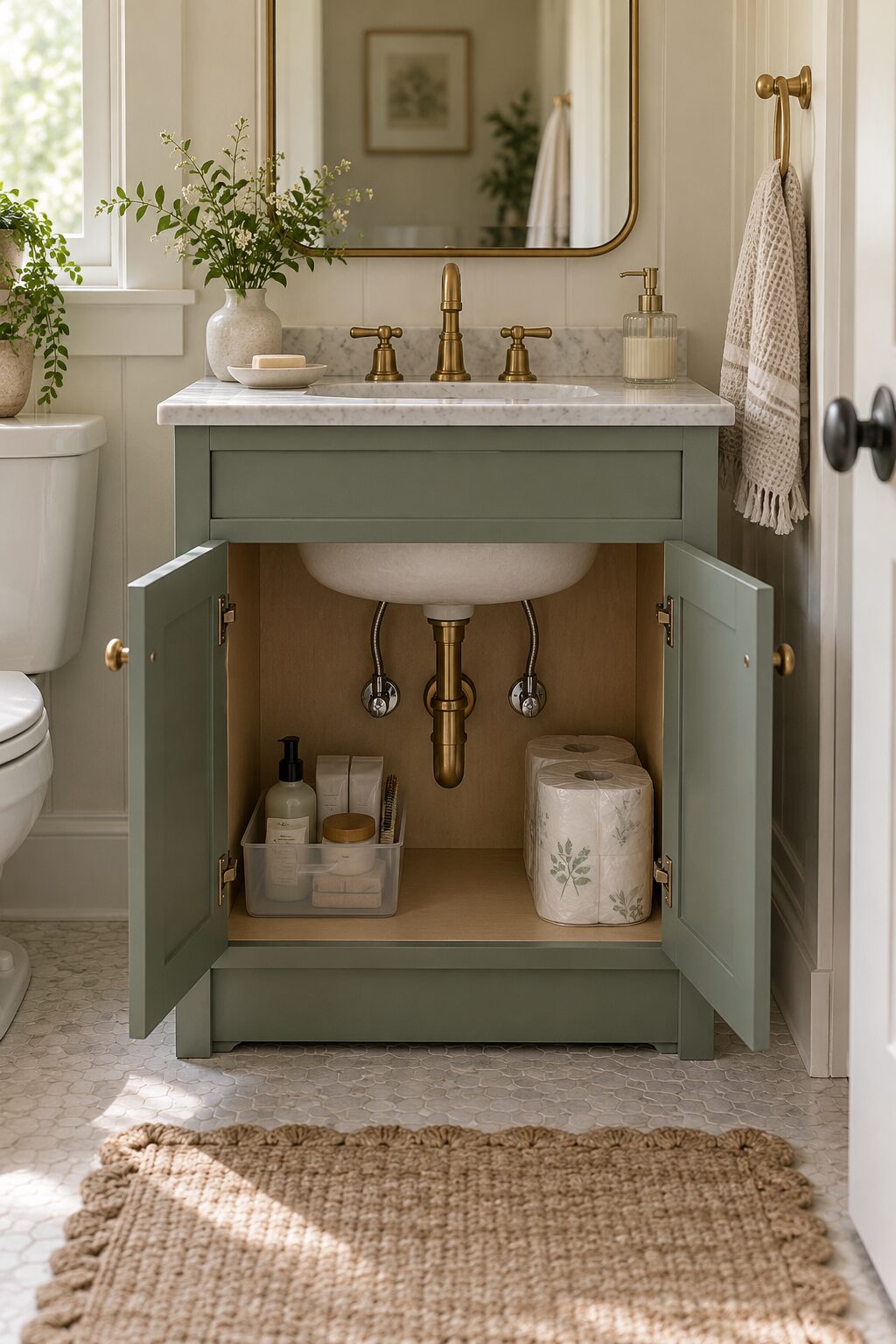 Open walnut kitchen sink cabinet with a wooden pull-out caddy beside the garbage disposal and exposed plumbing.
