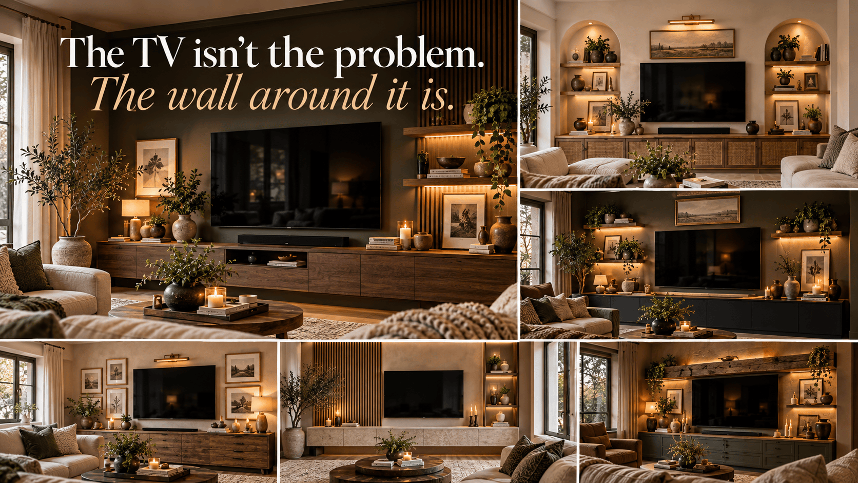 A collage showing balanced TV wall layouts, shelving, lighting, texture, and concealed cables around the screen.