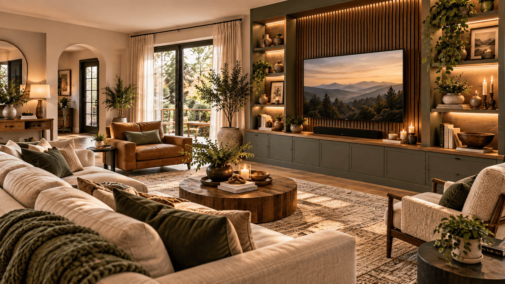 A living room showing multiple seating positions with clear, comfortable sightlines to a wall-mounted television.