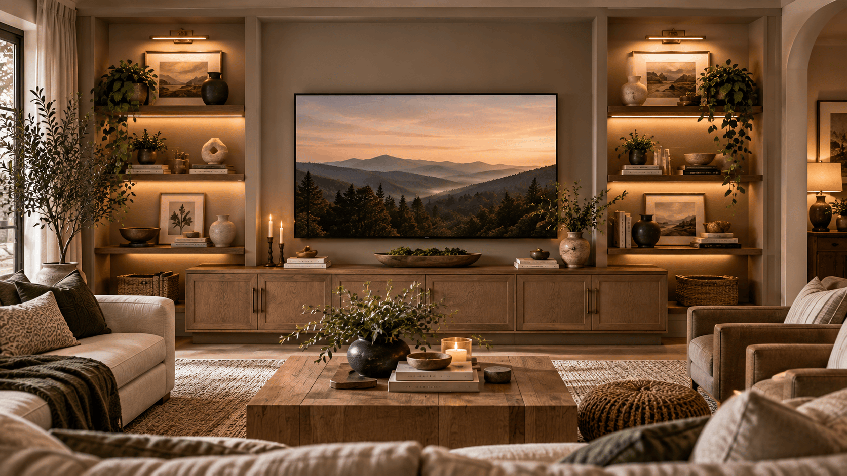 A balanced TV wall where the television, console, shelving, and surrounding art feel proportional to one another.