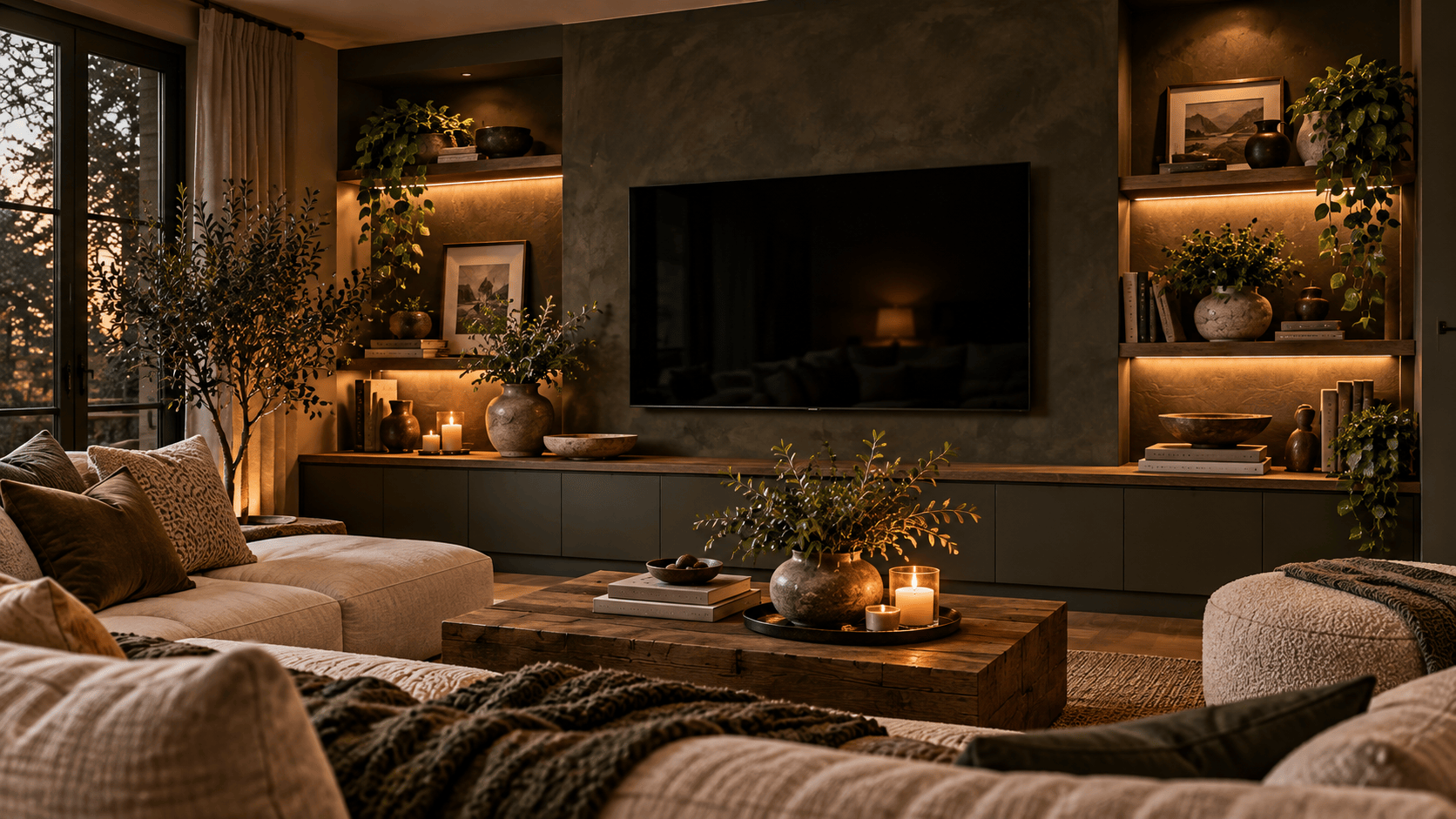 A moody living room with a dark textured backdrop helping a wall-mounted television blend into the room.
