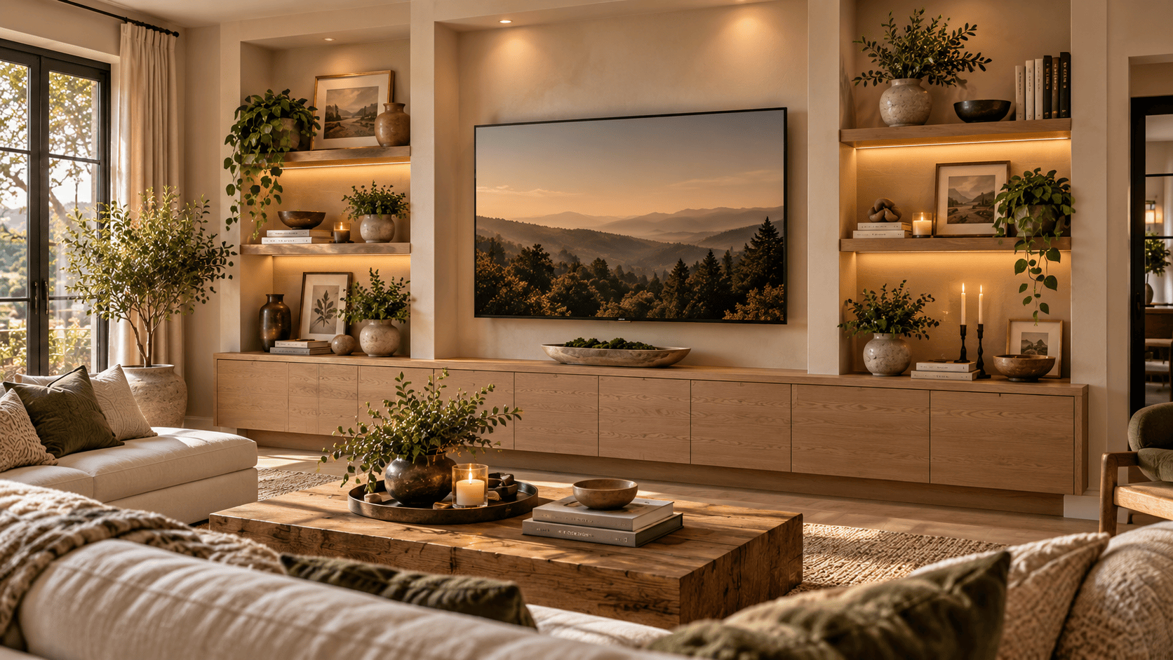 A living room TV wall with open shelving, closed storage, and carefully spaced decor around the screen.