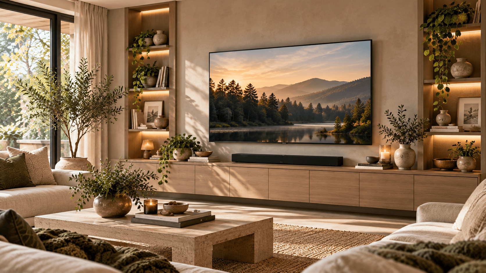 A clean modern TV wall with concealed cords, closed storage, and no visible cable clutter.