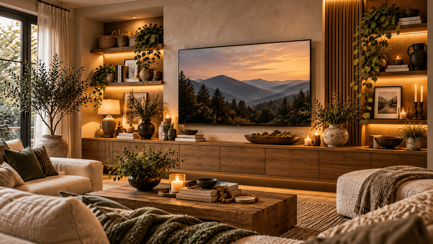 A layered TV wall combining warm wood, plaster, fabric, ceramics, greenery, and black accents for added depth.