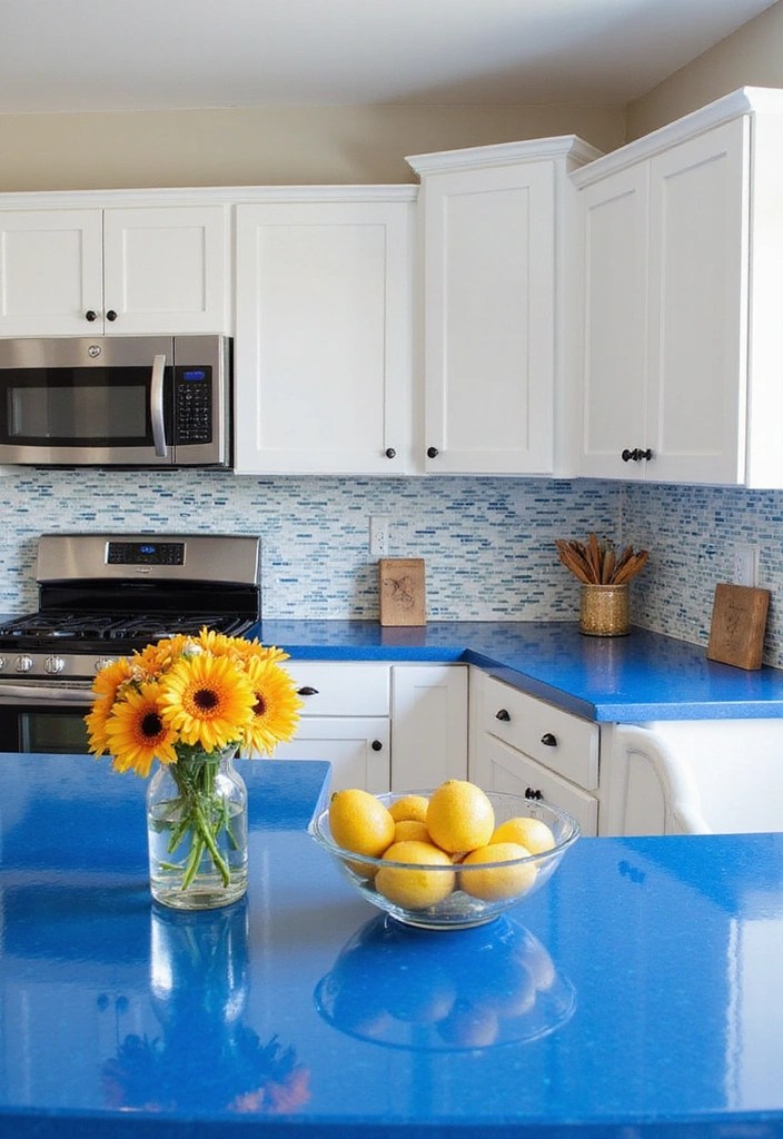 25 Vibrant Colored Countertops That Will Make Your Kitchen Pop (Check Out #15 for a Surprise!) - 1. Electric Blue Quartz
