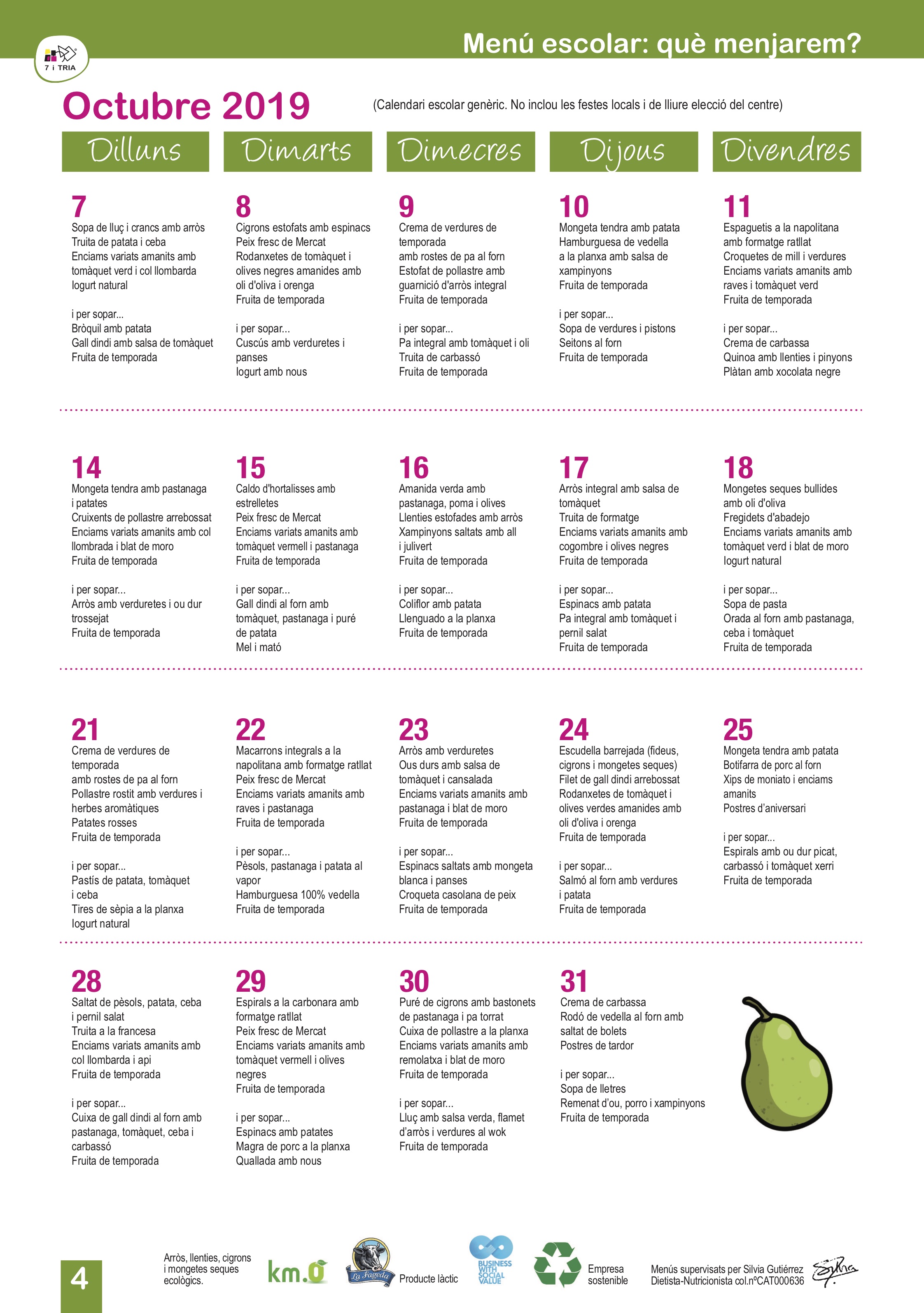 Menú 7 i tria octubre 2019 Escola Arc Iris