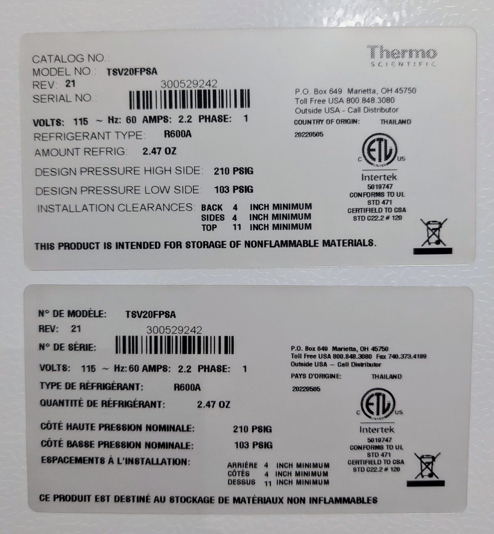 Thermo TSV20FPSA Convertible Freezer/Refrigerator - NEW, AFA