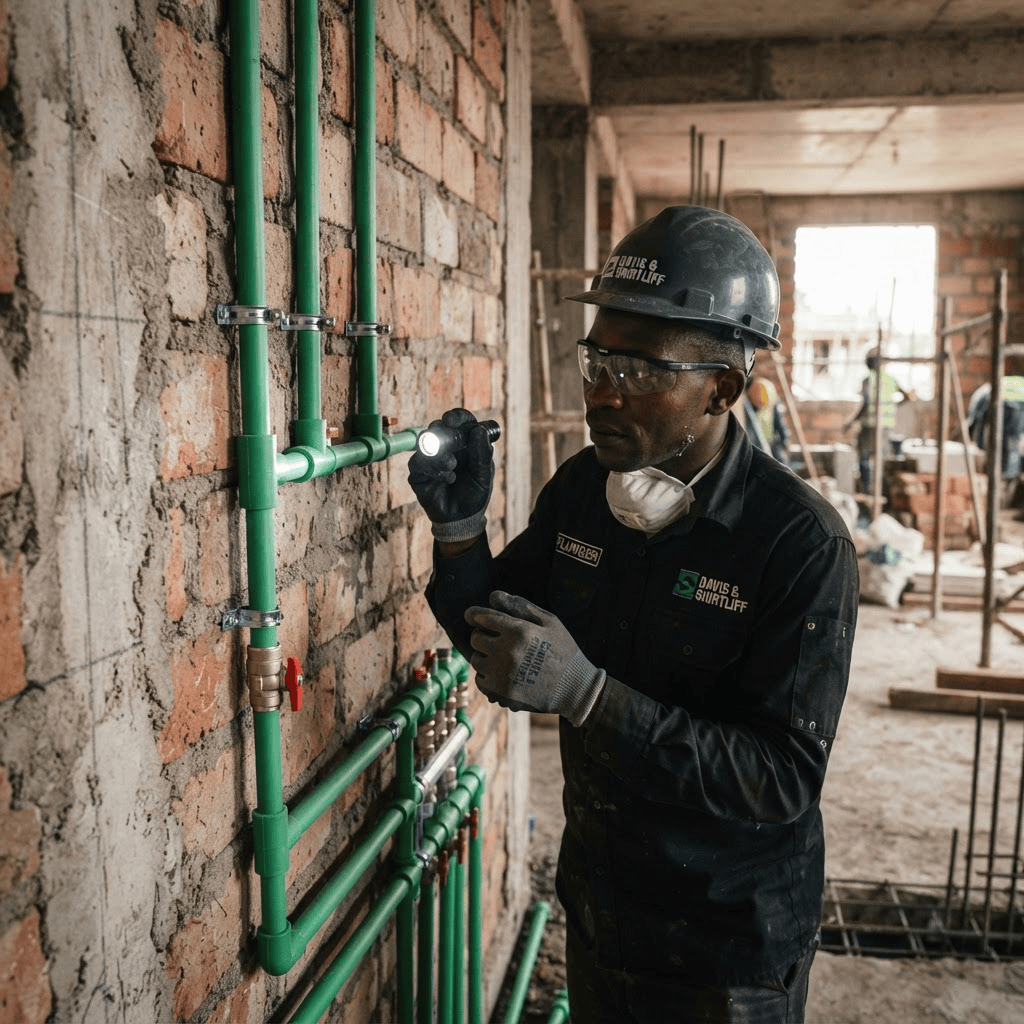 A plumber in a hard hat, safety glasses, and protective gear using a flashlight to inspect green PPR pipes installed on a brick wall at a construction site.