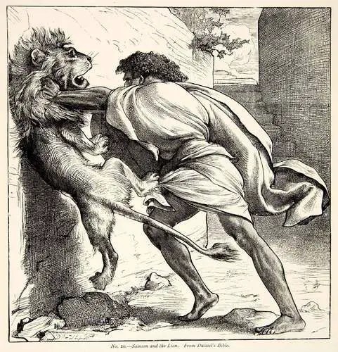 Artwork of Samson killing a lion