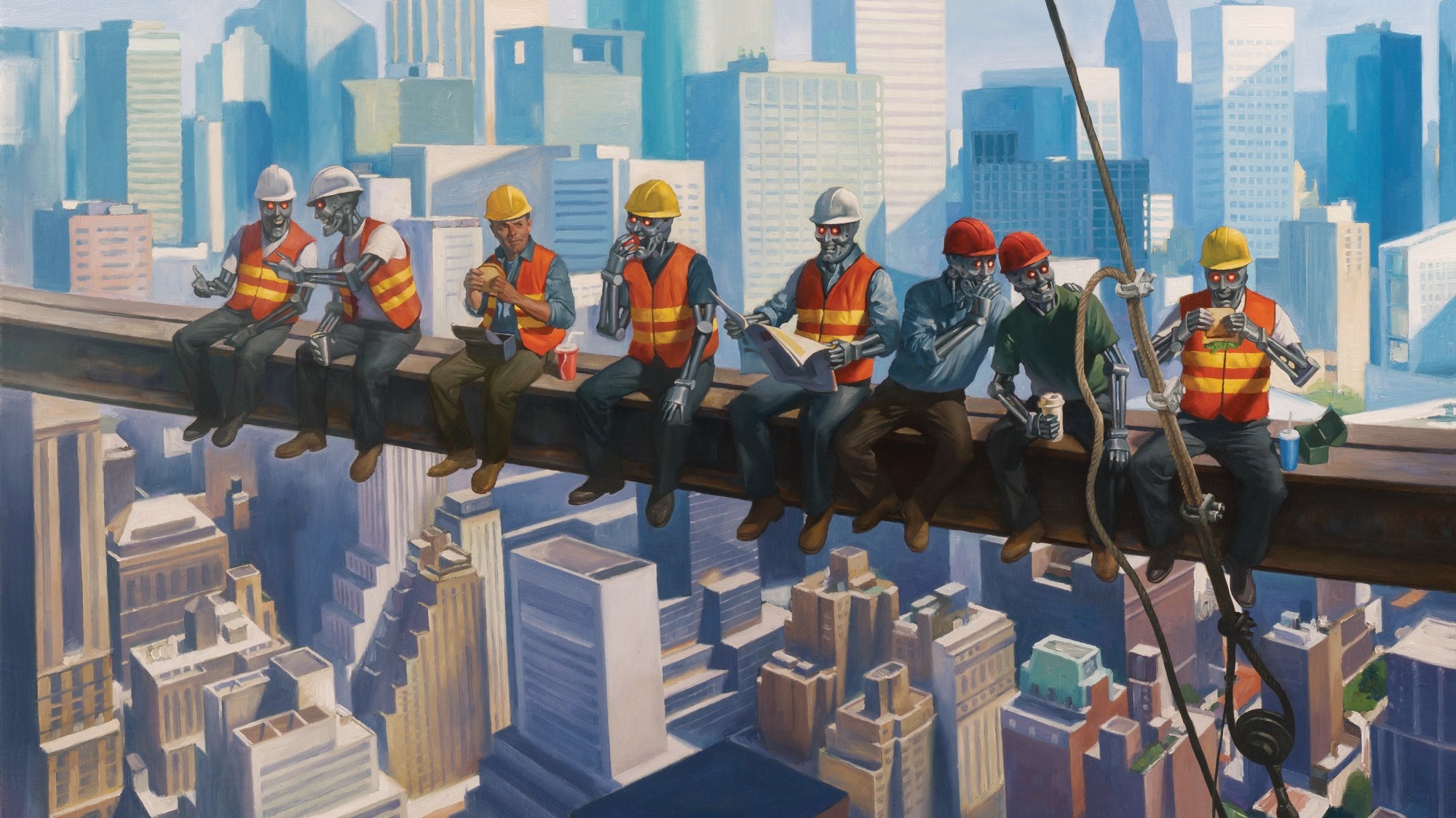 Robots carrying out a construction survey in an imaginery city