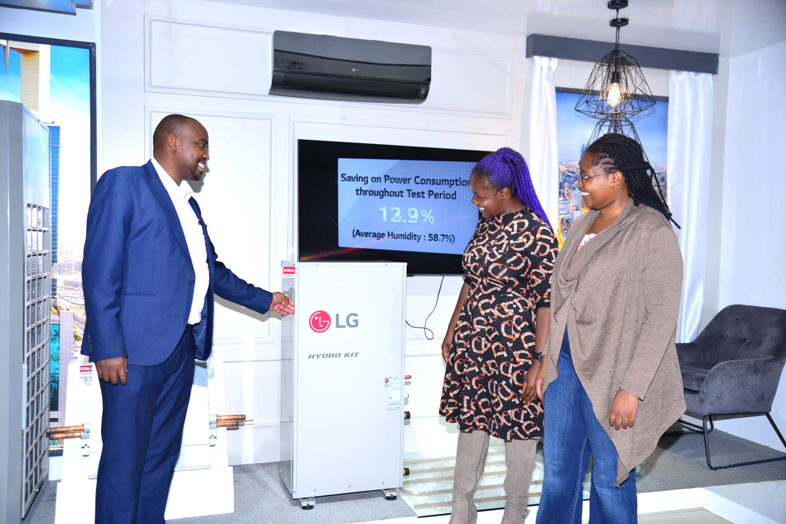 (L-R), LG Electronics Air Solutions Product Marketer Hiram Macharia explains some of the LG Electronics air solutions technology to Kenyatta University students Shirleen Mwangi and Georgina Muringo from the Korean Language & Culture Center (Nairobi King Sejong Institute). This took place during an excursion at LG offices by students from the said school, providing an opportunity for the LG team to introduce the students to the Korean work environment.