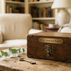 A wooden box labeled “The Inherited Risk” with a key beside it sits on a table in a warmly lit living room.