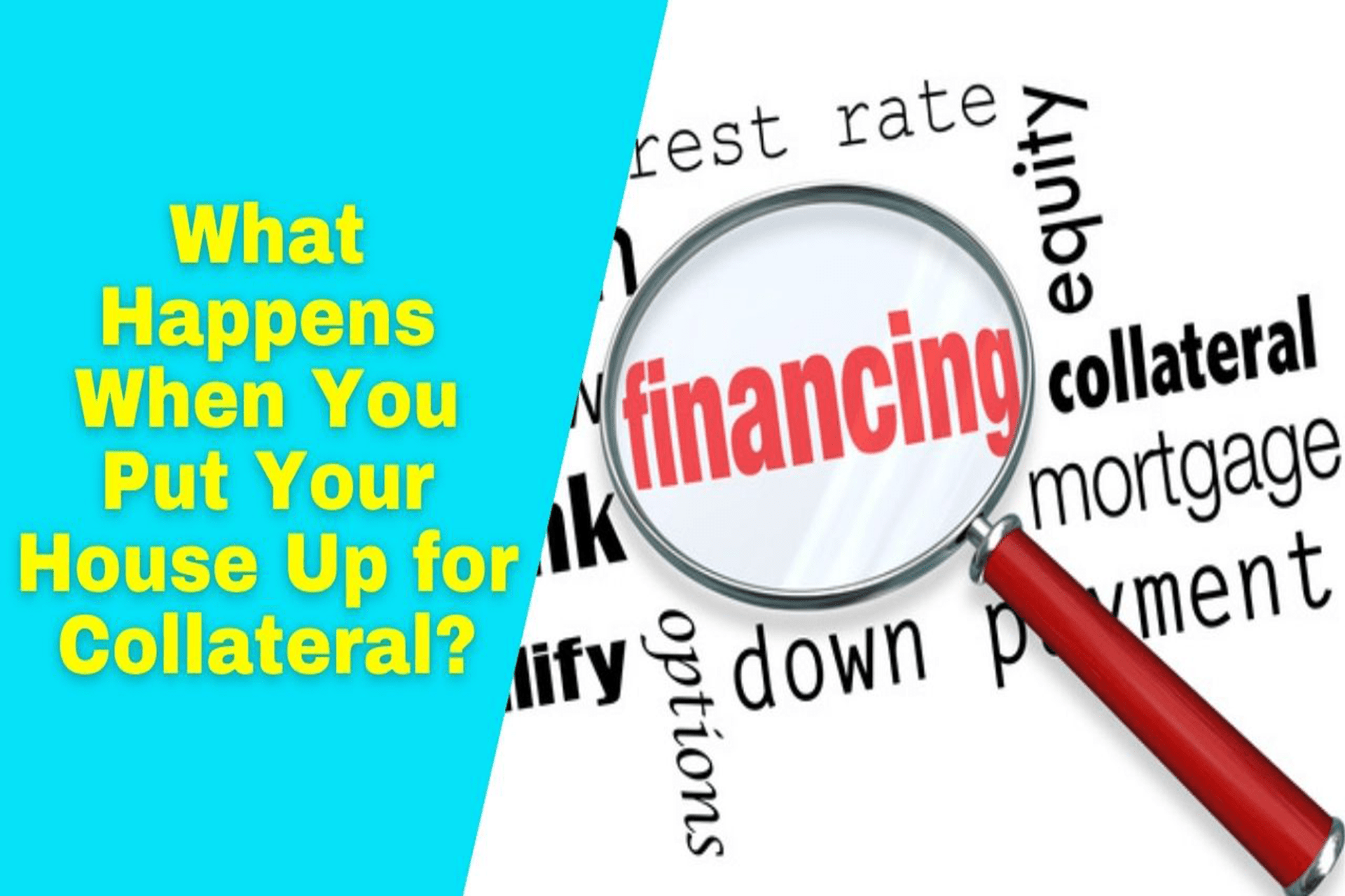 magnifying glass with a red handle with a financing word and different black words on the side