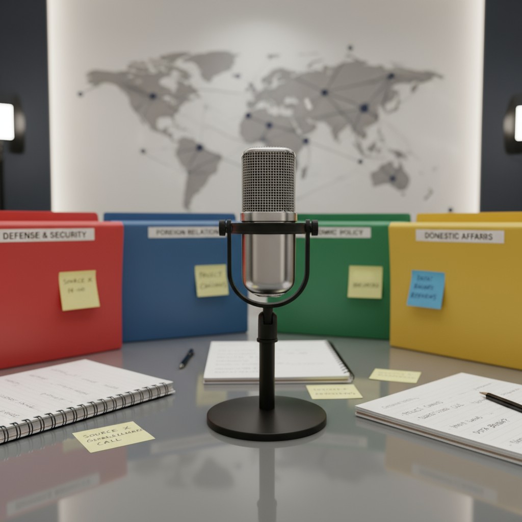 A microphone sits on a desk in a studio or office with several notebooks and files behind it. The microphone is silver wit...