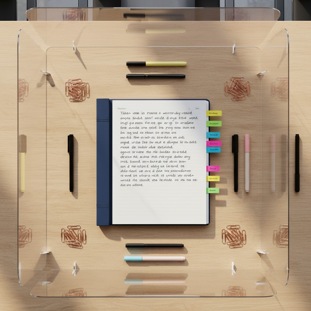 A transparent screen with a notebook, pens, and markers on a wooden desk, likely used for displaying notes for video confe...
