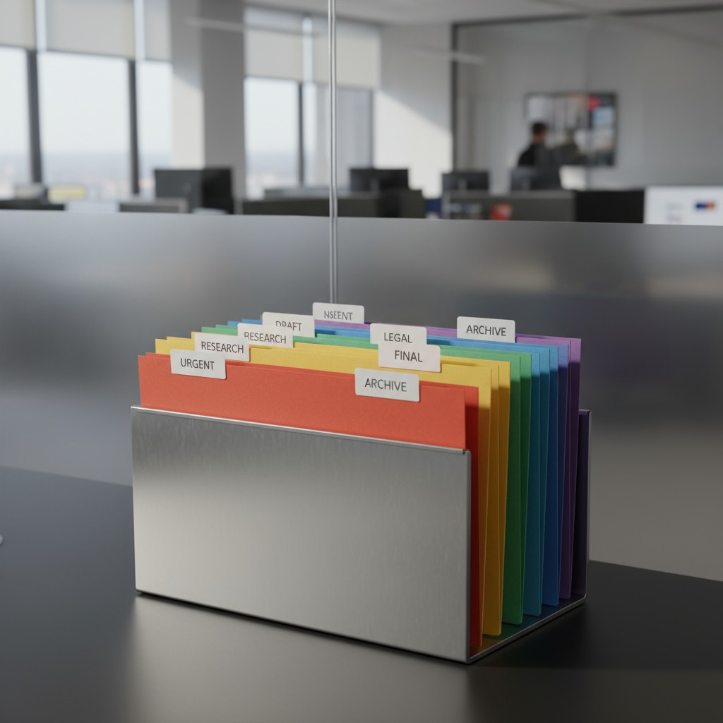 A silver metal file organizer with eight colored folders.