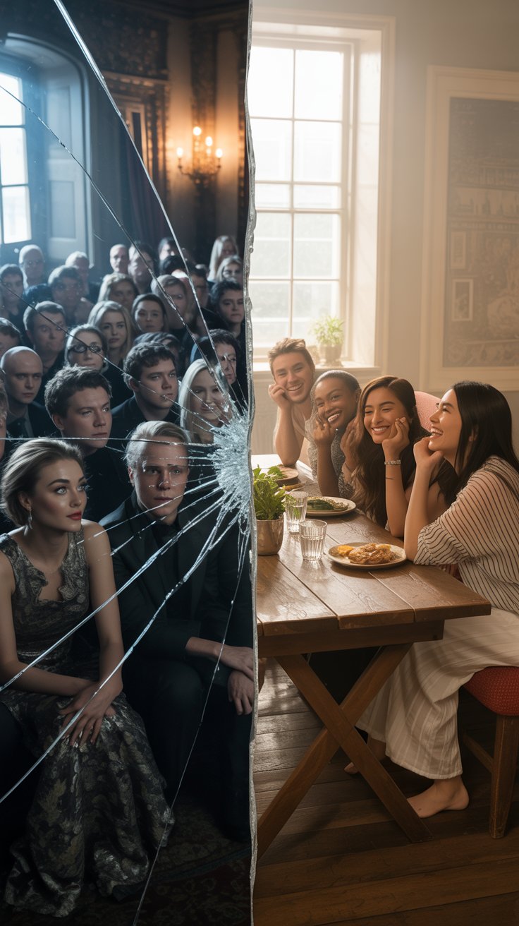 A split image showing two contrasting scenes: on the left, a formal gathering with an audience looking serious and distant, and on the right, a cozy table setting with smiling friends enjoying each other’s company.