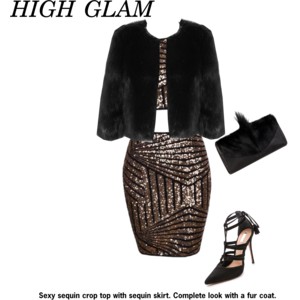 Sexy sequin crop top with a sequin skirt. Complete your look with a fur coat