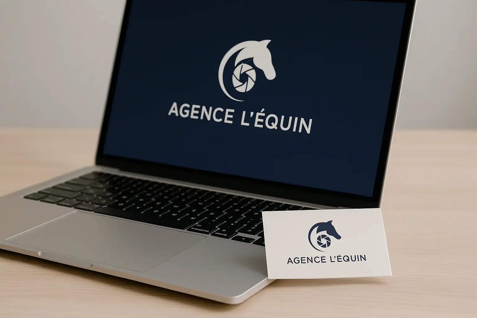 Logo Agence L’Équin affiché sur un ordinateur portable et une carte de visite